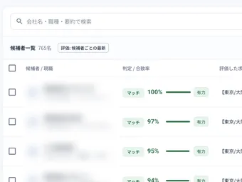 候補者一覧画面。合致率・判定が並ぶ(候補者情報はぼかし)
